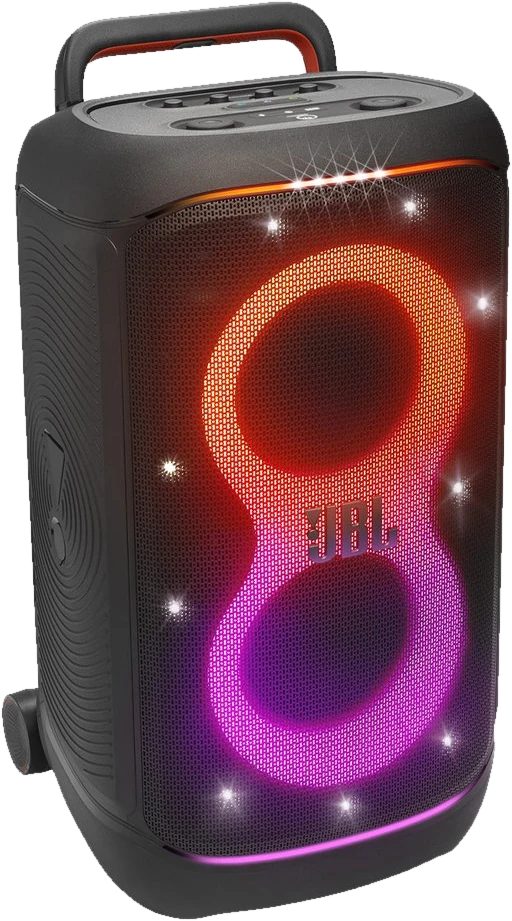 JBL PartyBox 520 s upaljenim narančastim i ružičastim LED prstenovima
